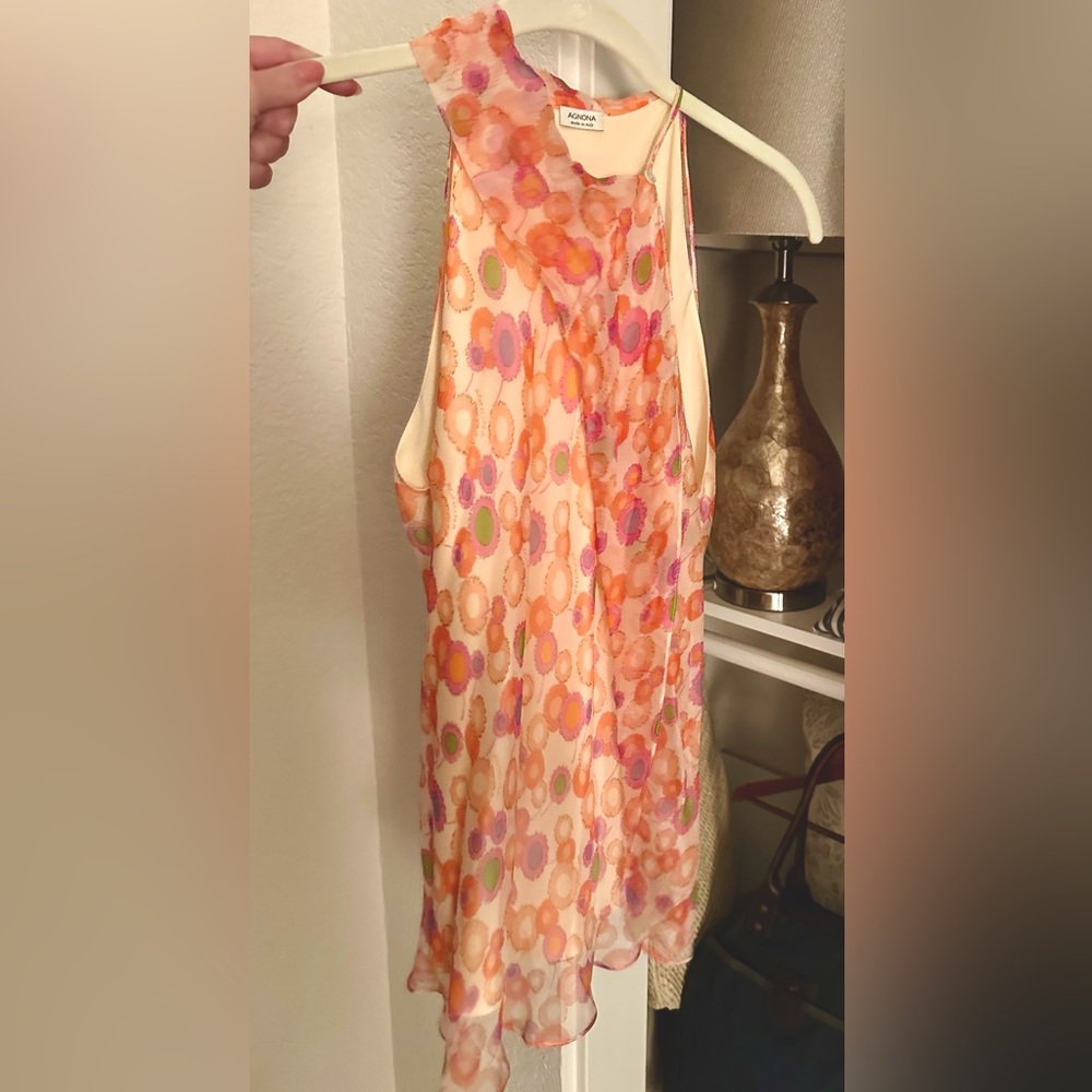 Italian Designer Orange and Pink Polka Dot Sleeveless Dress